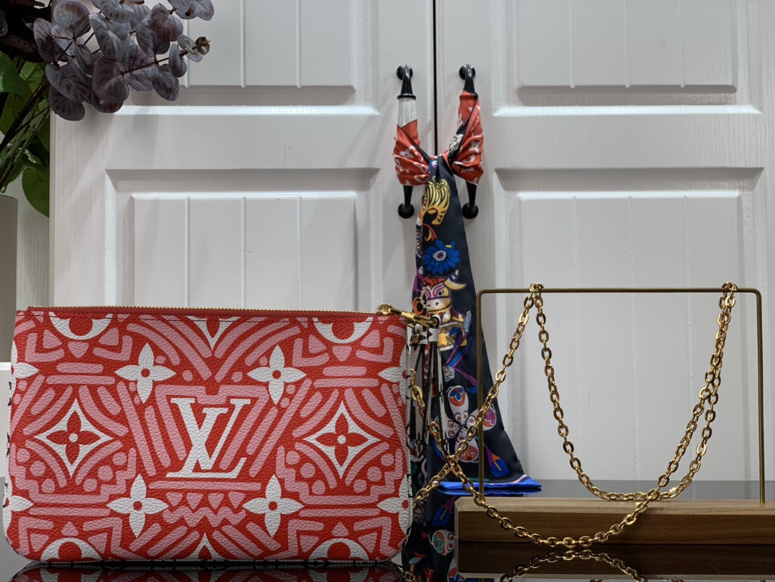 Louis Vuitton LV Crafty Double Zip Pochette Monogram Canvas Red/White For Women, Women’s Handbags, Shoulder And Crossbody Bags 7.9in/20cm LV