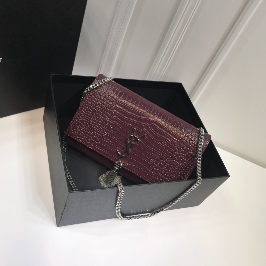 Yves Saint Laurent Kate Medium Chain Bag With Tassel In Embossed Crocodile Dark Violet For Women 9.4in/24cm YSL