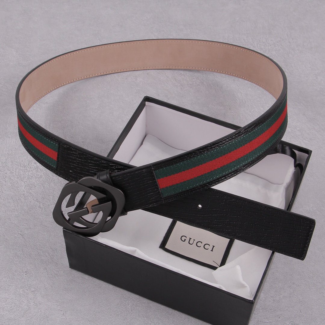 GUCCI Web Belt With Interlocking G Buckle Green/Red Web Fabric And Black For Women, Women Belt