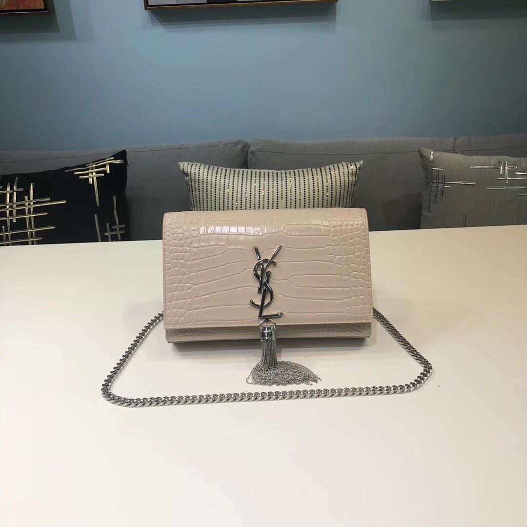 Yves Saint Laurent Kate Small Chain Bag With Tassel In Embossed Beige For Women 7.8in/20cm YSL 