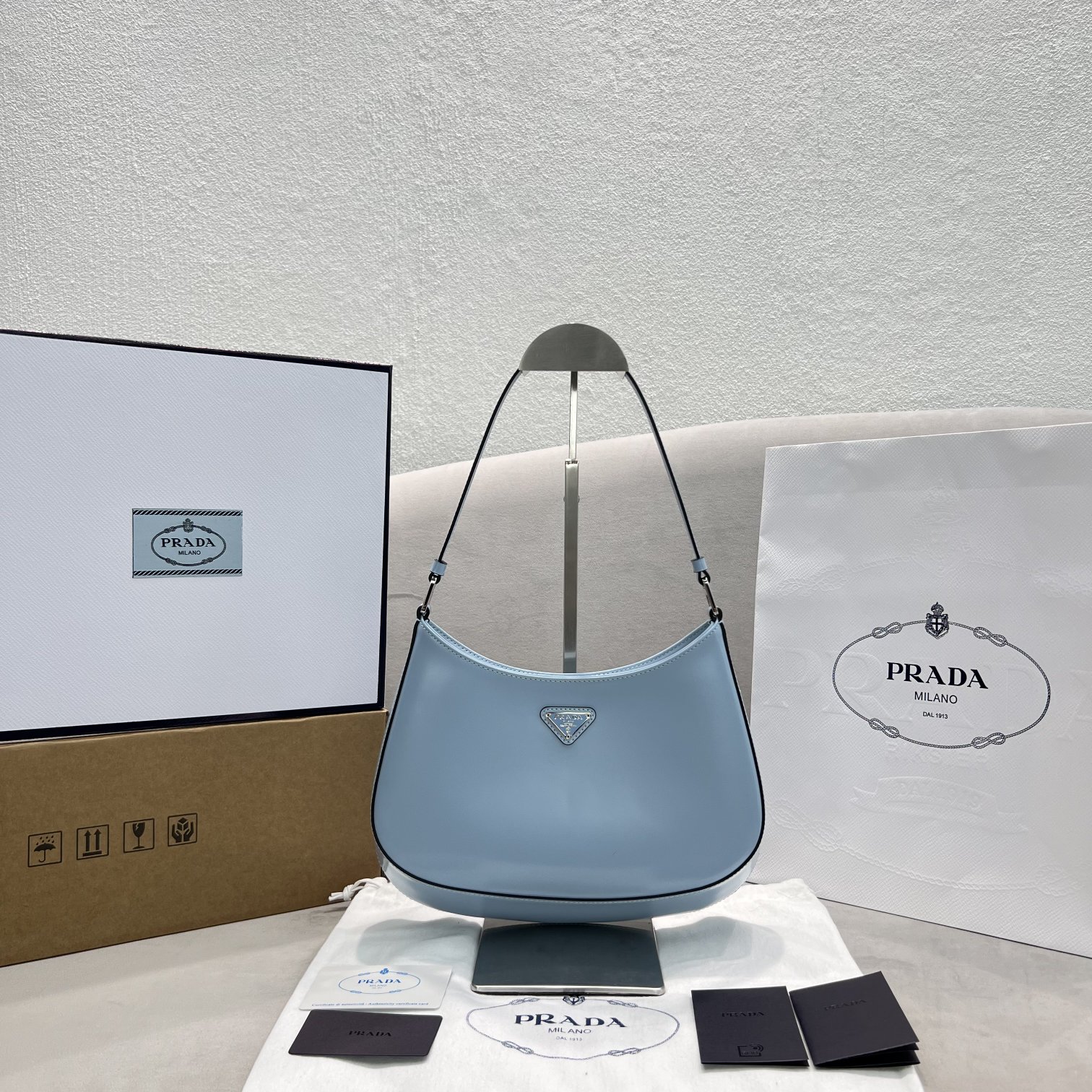 Prada Cleo Brushed Shoulder Bag Blue For Women, Women’s Bags 9in/23cm