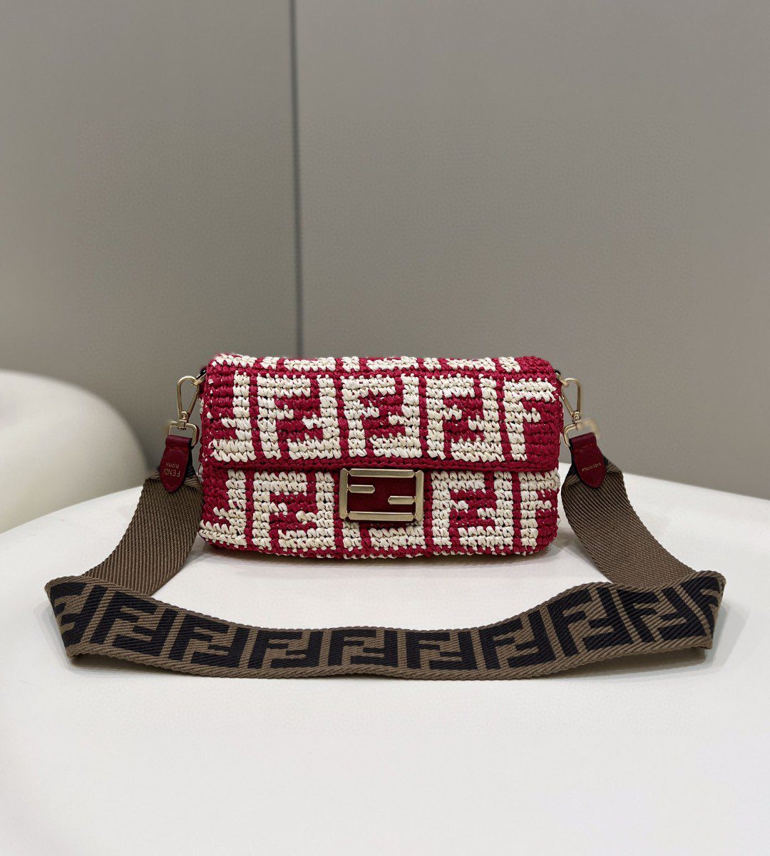 Fendi Baguette Red raffia back with crocheted FF Bag For Woman 15cm/6in