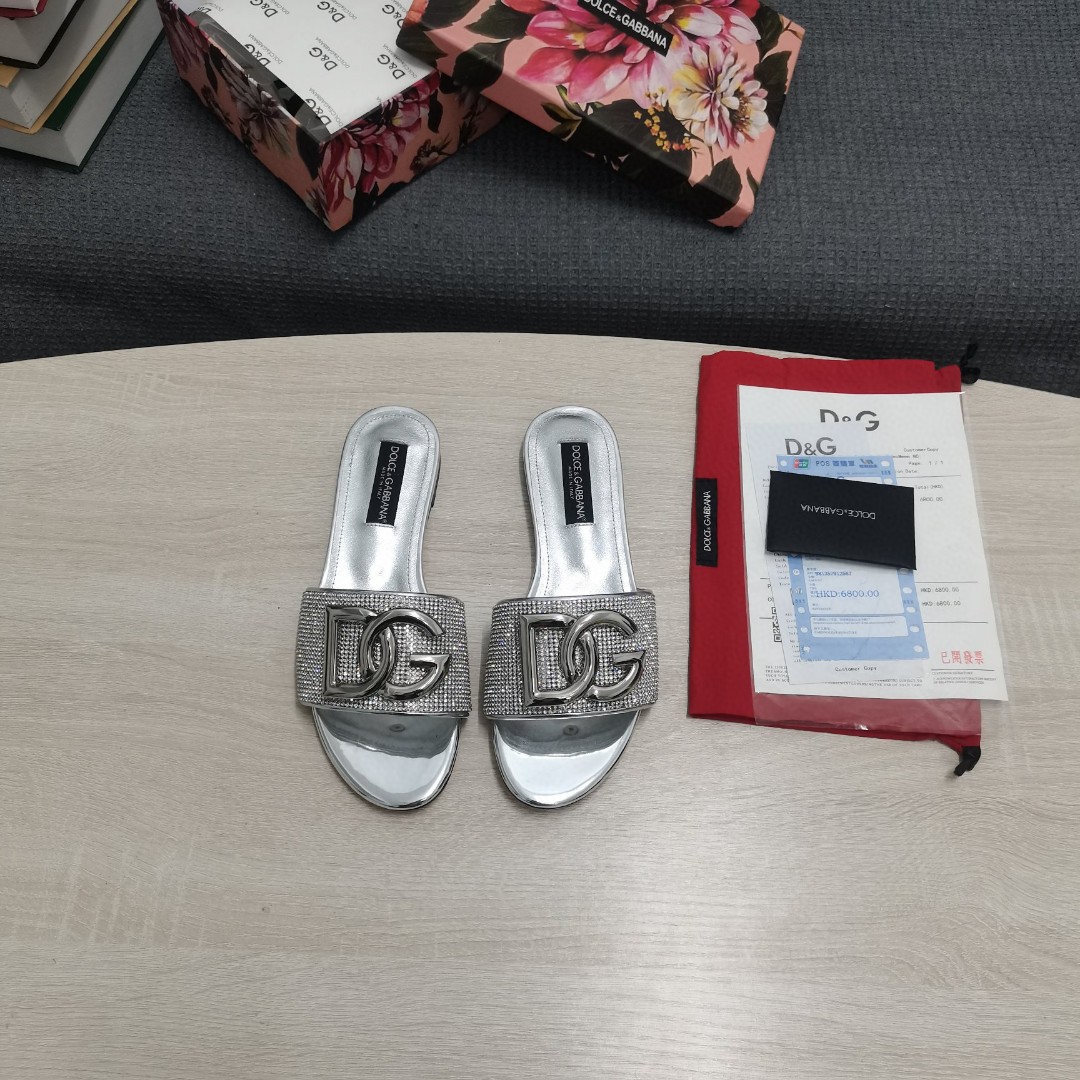 Dolce & Gabbana Crystal Mesh Sliders With DG Logo Silver For Women DG Shoes CQ0520AD7218D708