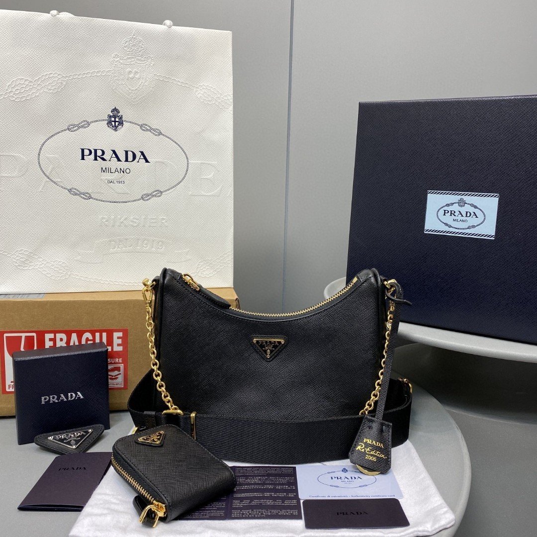 Prada System Nappa Patchwork Shoulder Bag Black For Women, Women’s Bags 9.4in/24cm