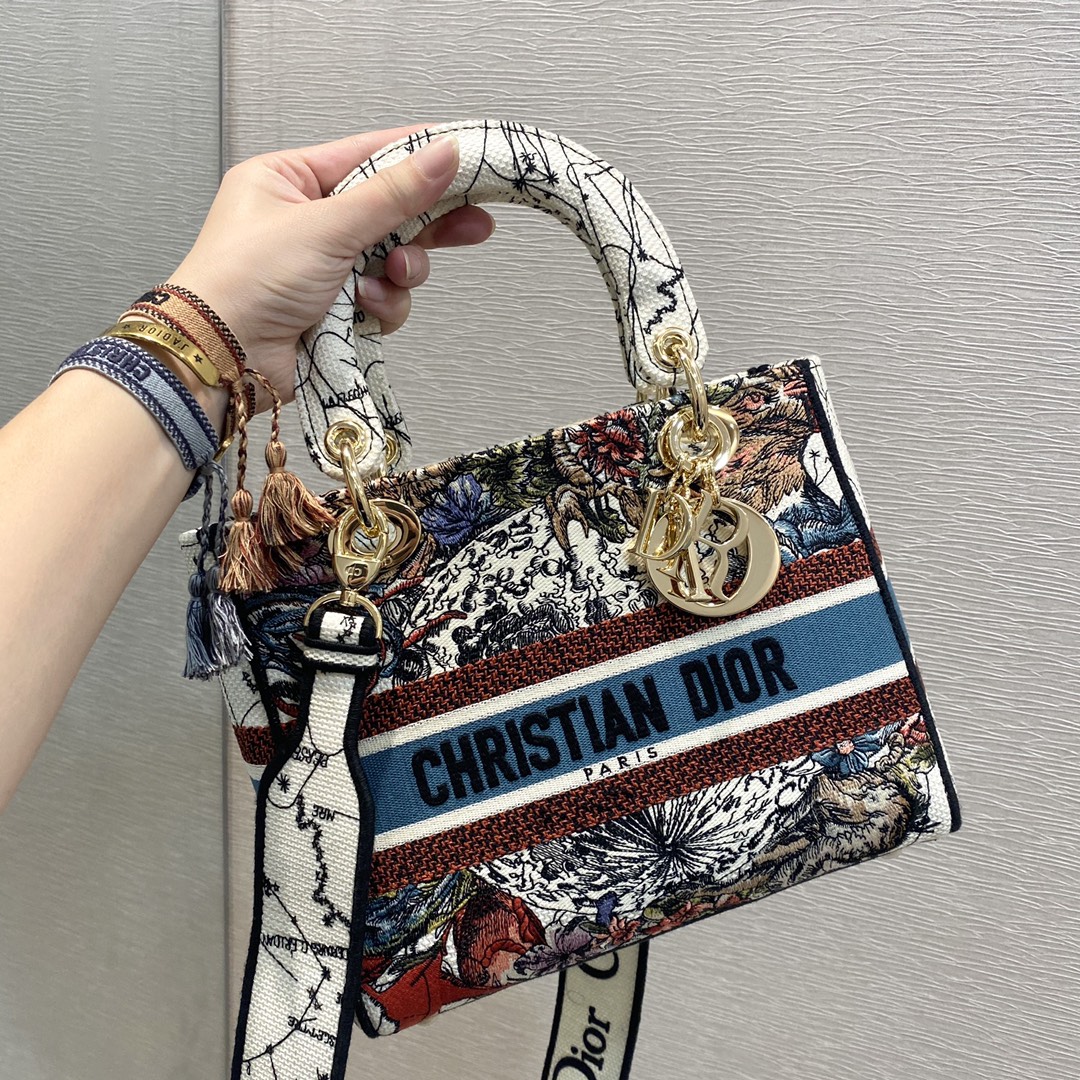 Christian Dior Medium Lady D-Lite Bag Latte Multicolor Dior Constellation Embroidery, Latte, For Women Women’s Handbags, Crossbody Bags, 24cm CD M0565ORHP_M941