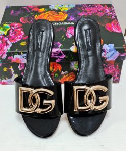 Dolce & Gabbana Polished Sliders With DG Logo Black For Women DG Shoes