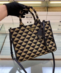 Prada Small Symbole Jacquard Fabric Handbag Black/Beige For Women, Women’s Bags 11in/28cm 1BA354_2FKL_F0Y30_V_OOO
