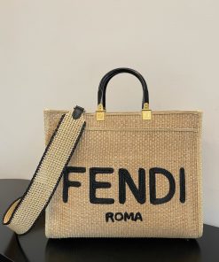 Fendi Sunshine Medium Beige and Black straw shopper Bag For Woman 31cm/12in 8BH386AKRPF1CBX
