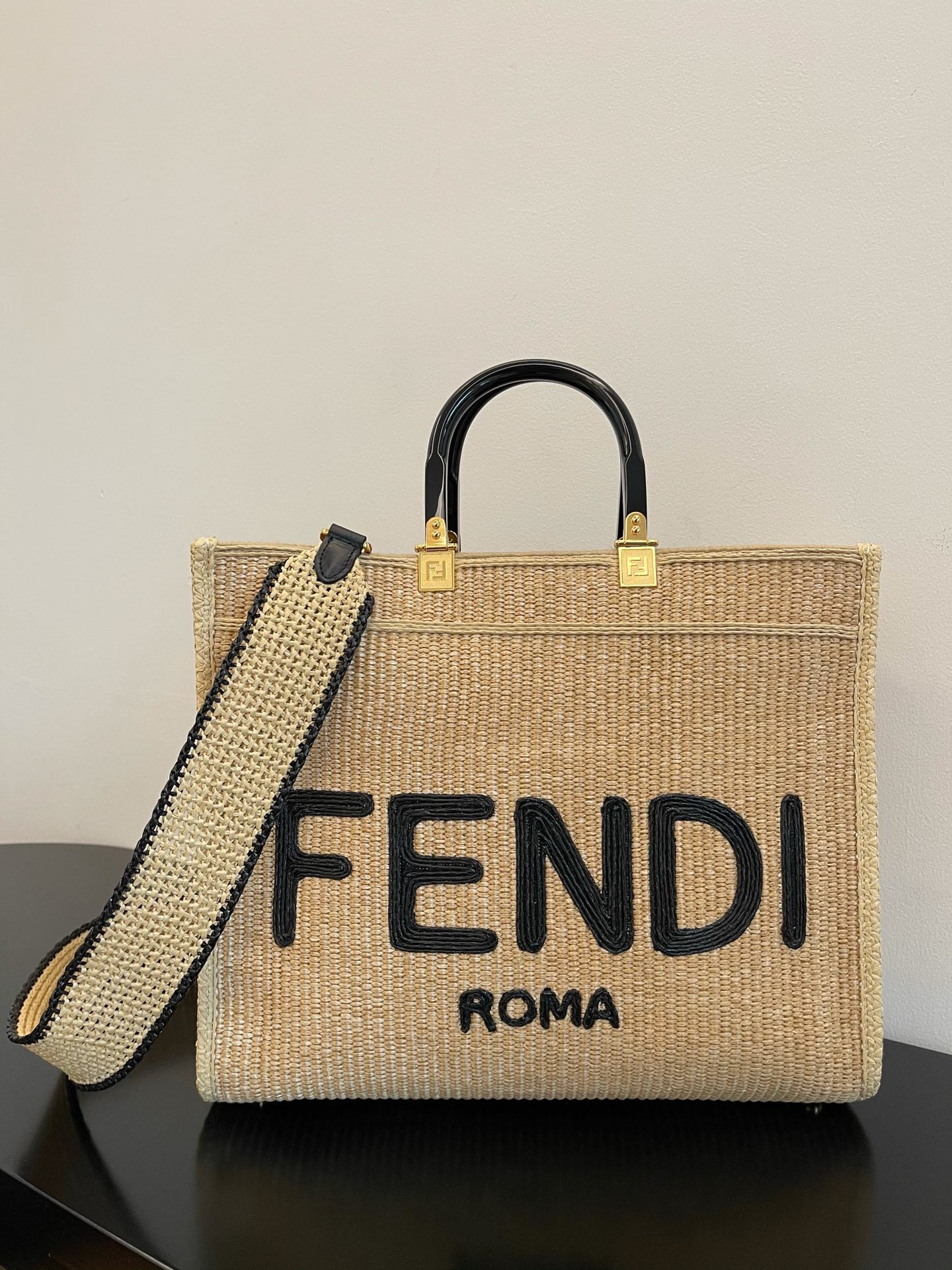 Fendi Sunshine Medium Beige and Black straw shopper Bag For Woman 31cm/12in 8BH386AKRPF1CBX