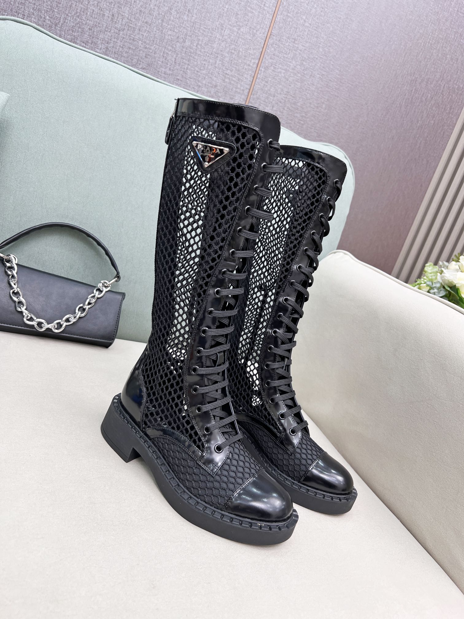 Prada Brushed And Mesh Boots Black For Women Prada 1W907M_3LK5_F0002_F_B050