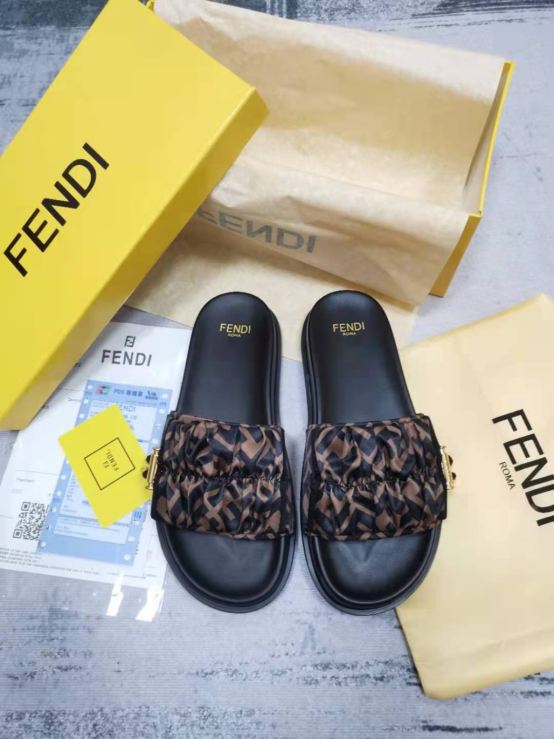 Fendi Feel Brown Satin Slides For Women 8X8142AE7SF0R7V