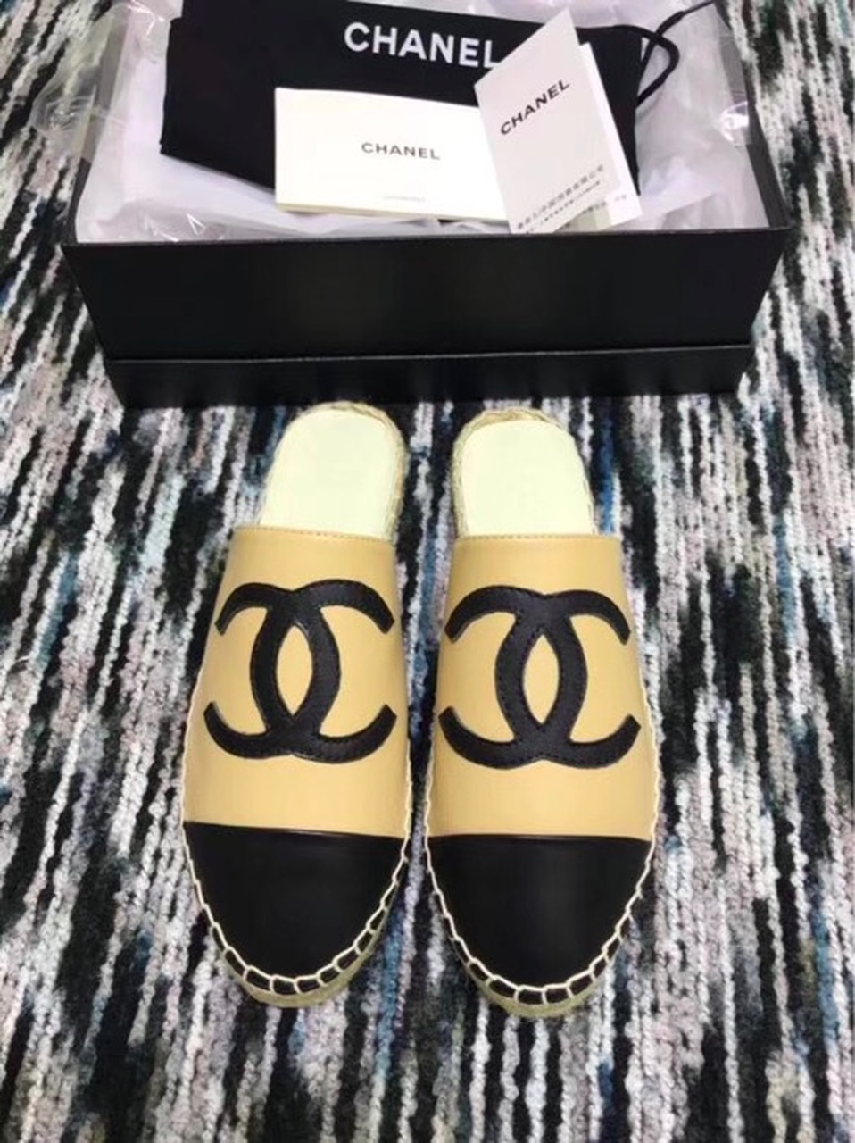 Chanel Mule Espadrille Slides Beige/Black For Women, Women’s Shoes