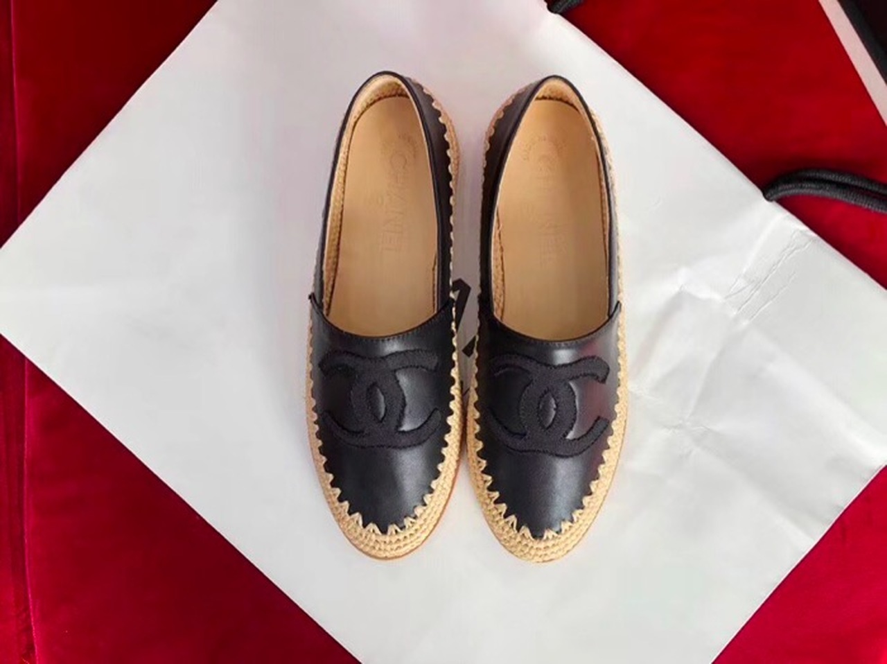 Chanel Fabric/Grosgrain Perforated Espadrilles Black For Women, Women’s Shoes