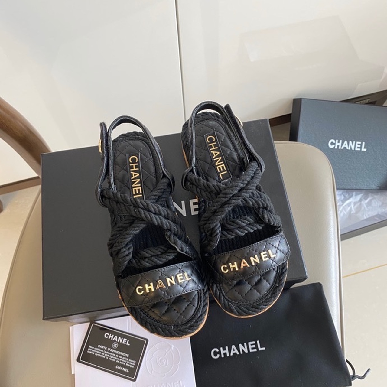 Chanel Velcro Rope Strappy Sandals Black For Women, Women’s Shoes