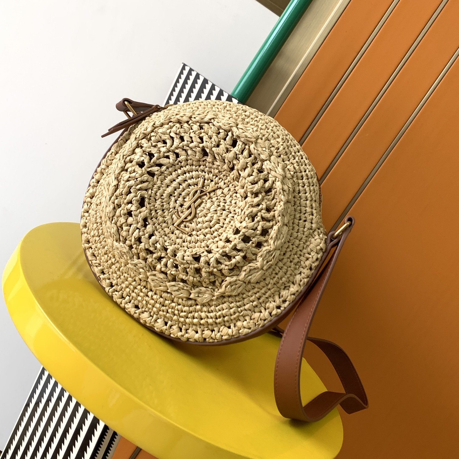 Yves Saint Laurent Sac Rond Bag In Raffia For Women 8.3in/21cm YSL Brown 685601GAAAA2080