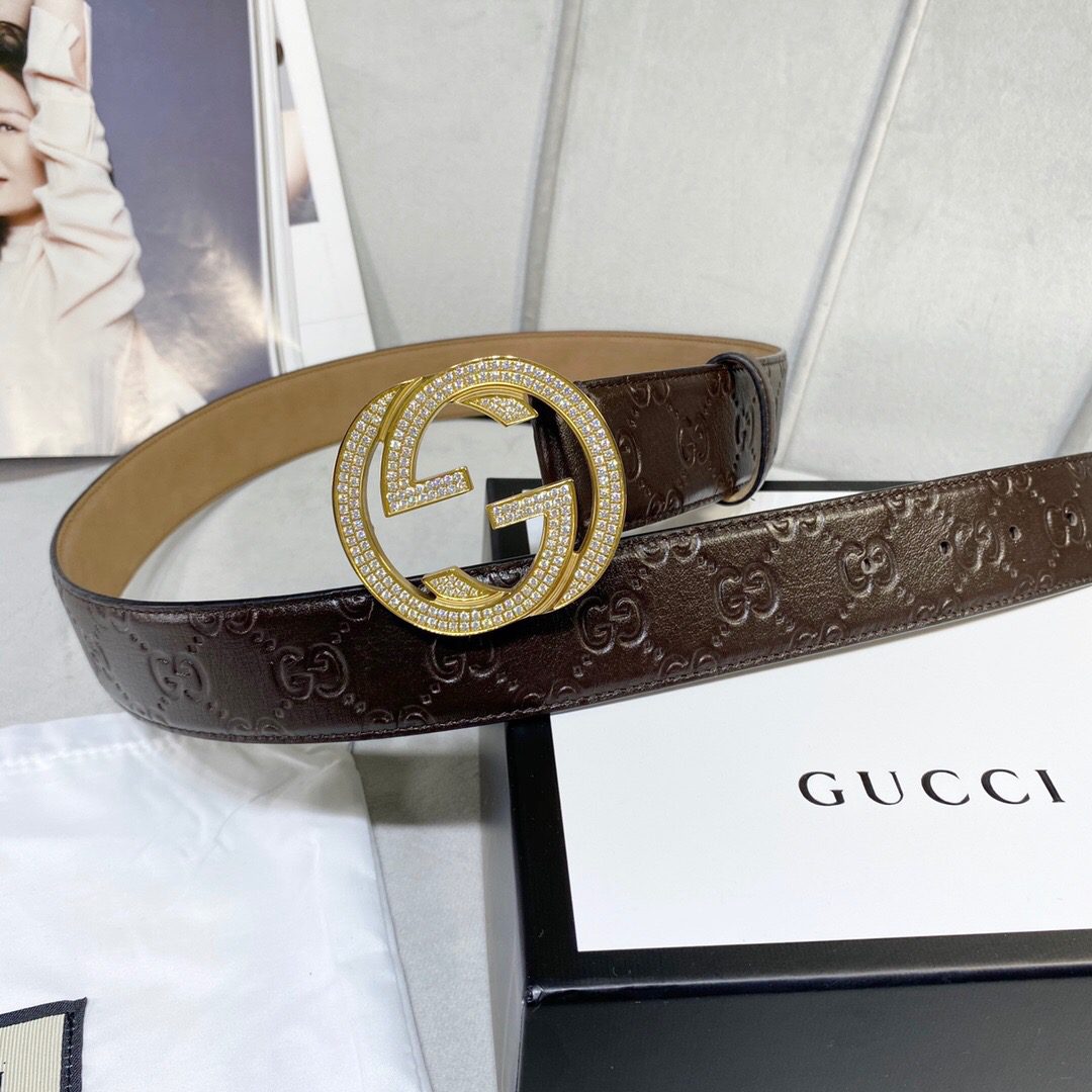 Gucci Signature Belt With Crystal Interlocking G Buckle Brown For Women, Women Belt