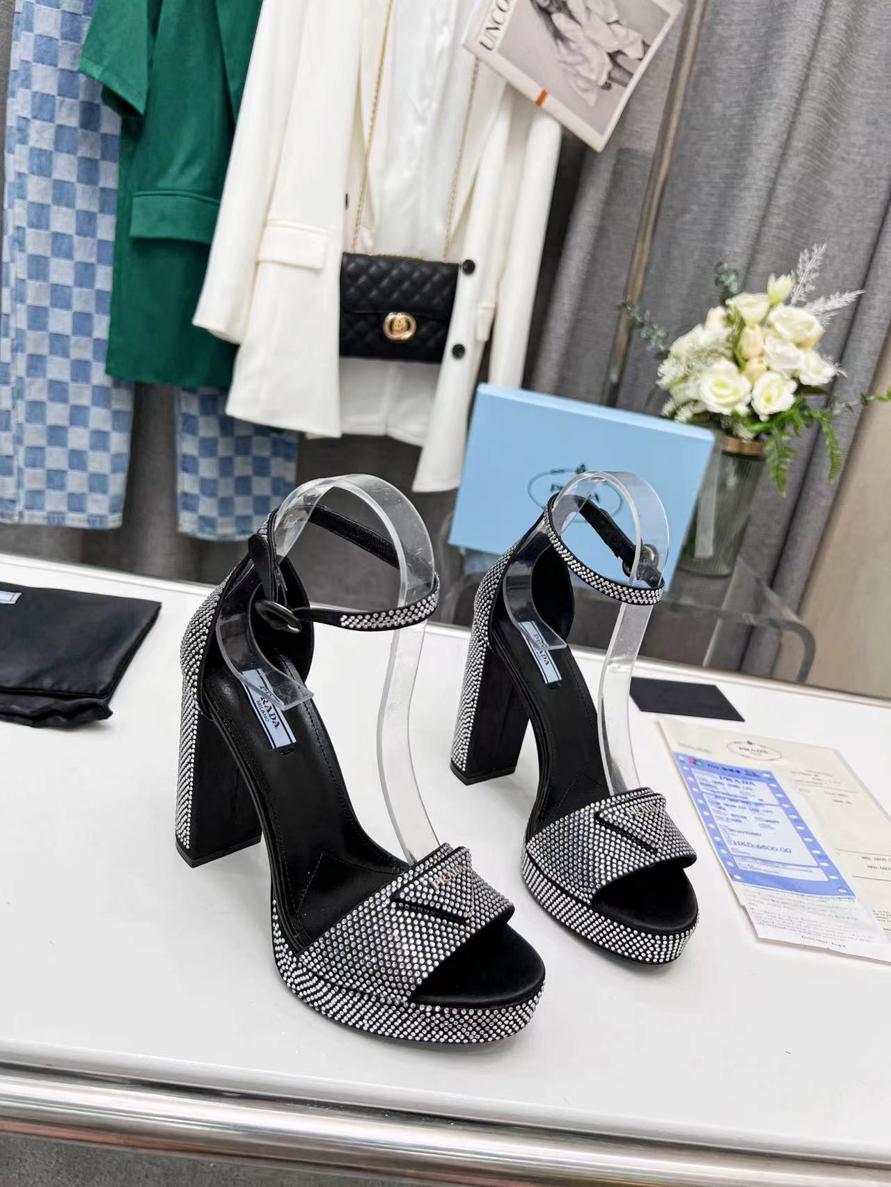 Prada Satin Platform Sandals With Crystals Black For Women 5.3in/135mm Prada 1XP53B_2AWL_F0T7O_F_135