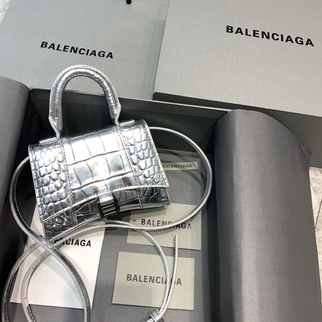 BALENCIAGA Hourglass Mini Handbag In Sliver, For Women, Women’s Bags 4.7in/12cm