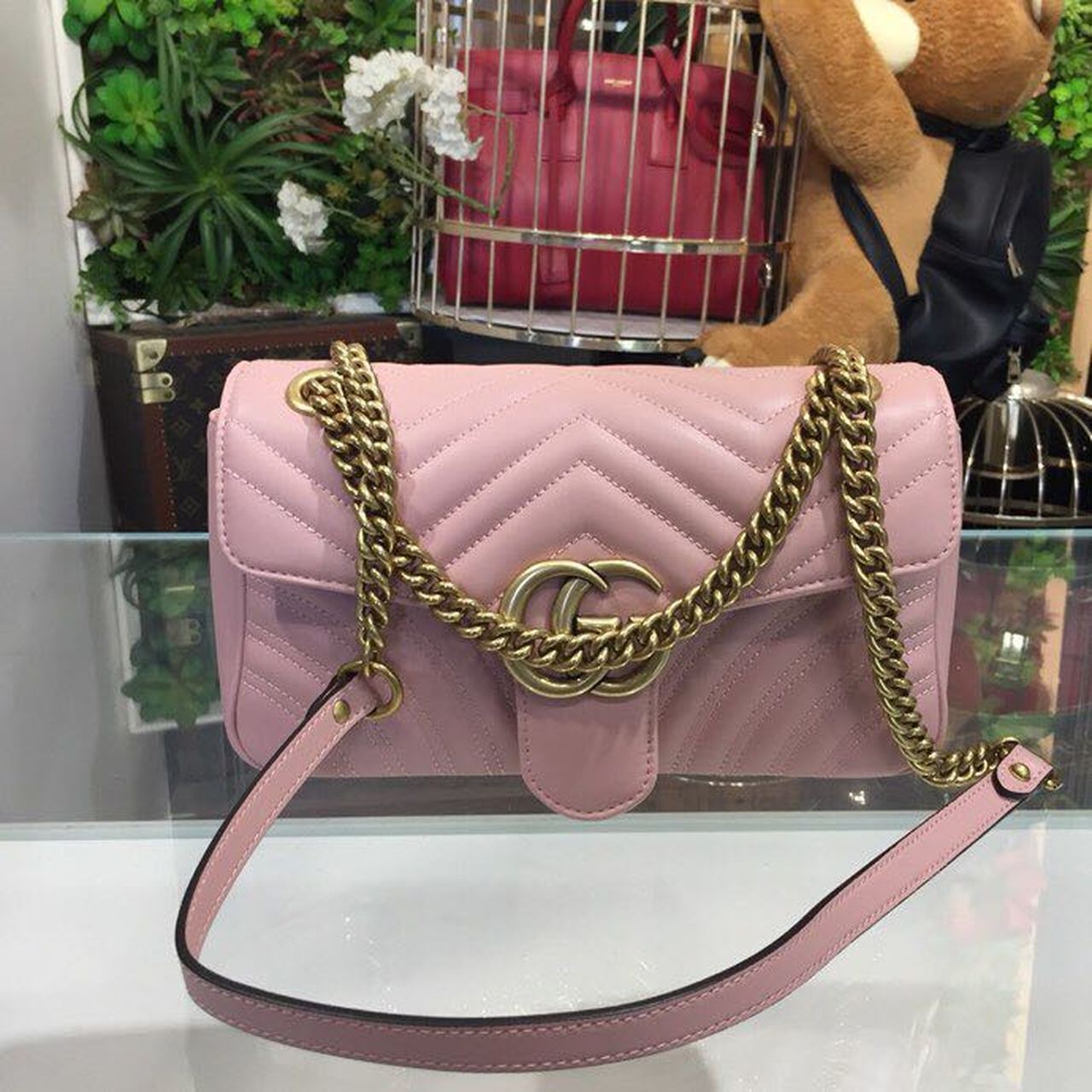 Gucci Marmont Small Matelassé Shoulder Bag Dusty Pink Matelassé Chevron For Women 10in/26cm Gucci 443497 DTDIT 5729