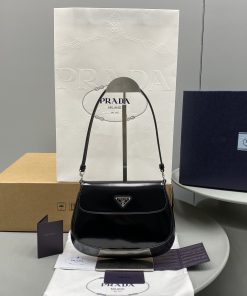 Prada Cleo Brushed Shoulder Bag With Flap Black For Women, Women’s Bags 8.6in/22cm 1BD311_ZO6_F0002_V_OOO