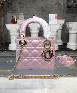 Christian Dior Mini Lady Dior Cannage Quilted Bag with Chain Gold Toned Hardware Pink For Women 6.5in/17cm CD