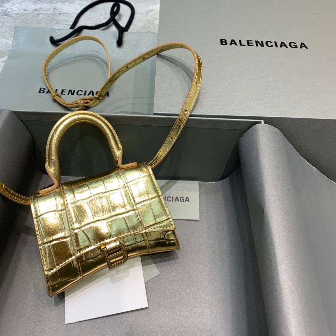BALENCIAGA Hourglass Mini Handbag In Gold, For Women, Women’s Bags 4.7in/12cm