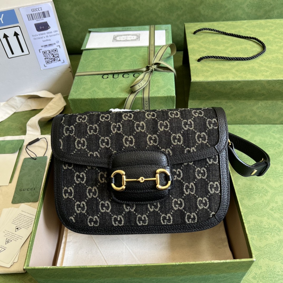 Gucci Horsebit 1955 Shoulder Bag Black And Ivory Gucci Denim Jacquard For Women 9.8in/25cm 602204 UN3BG 1274