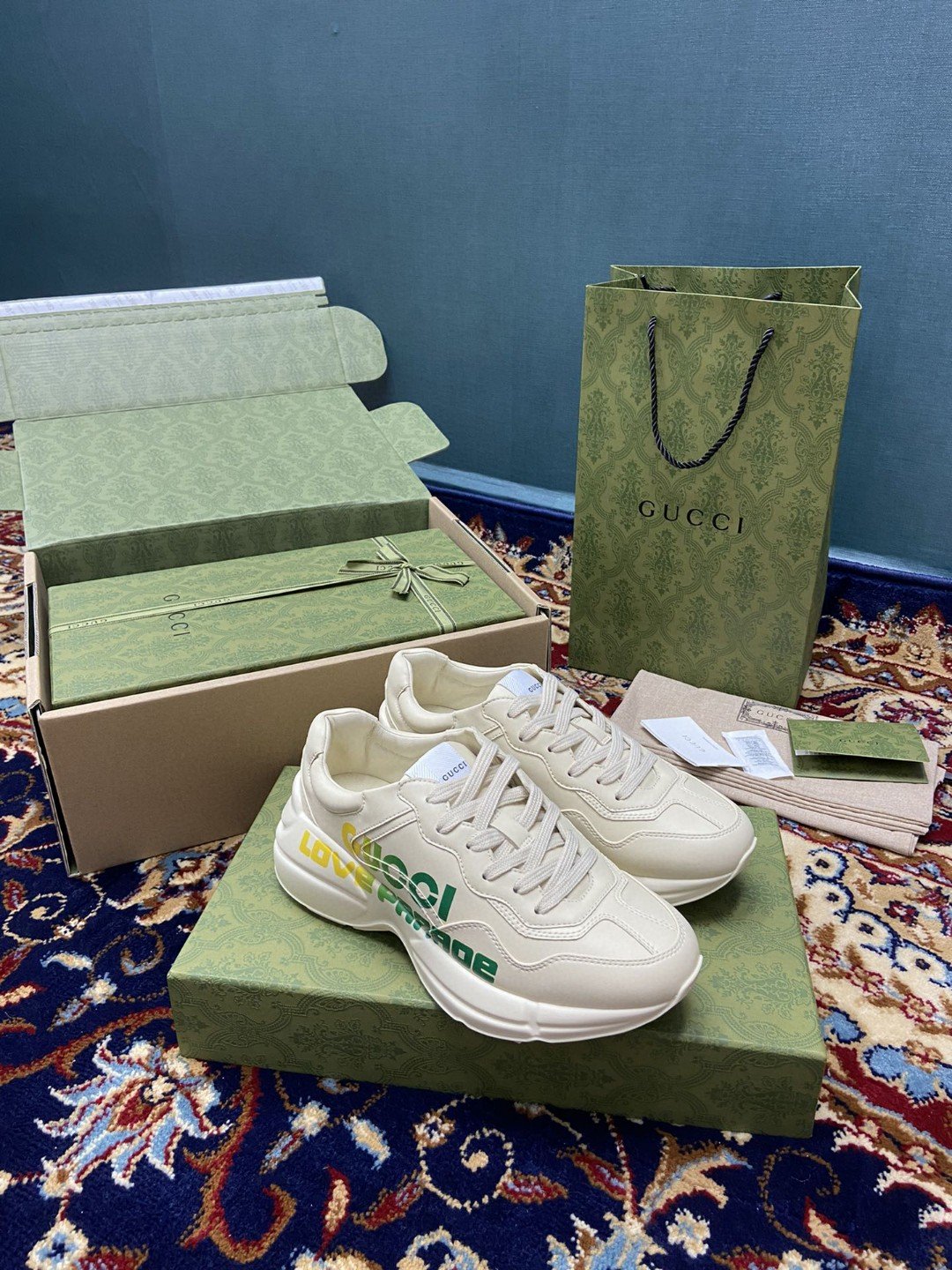 Gucci Women’s Rhyton Sneakers With Gucci Love Parade Yellow Green White Ivory For Women 524990‎