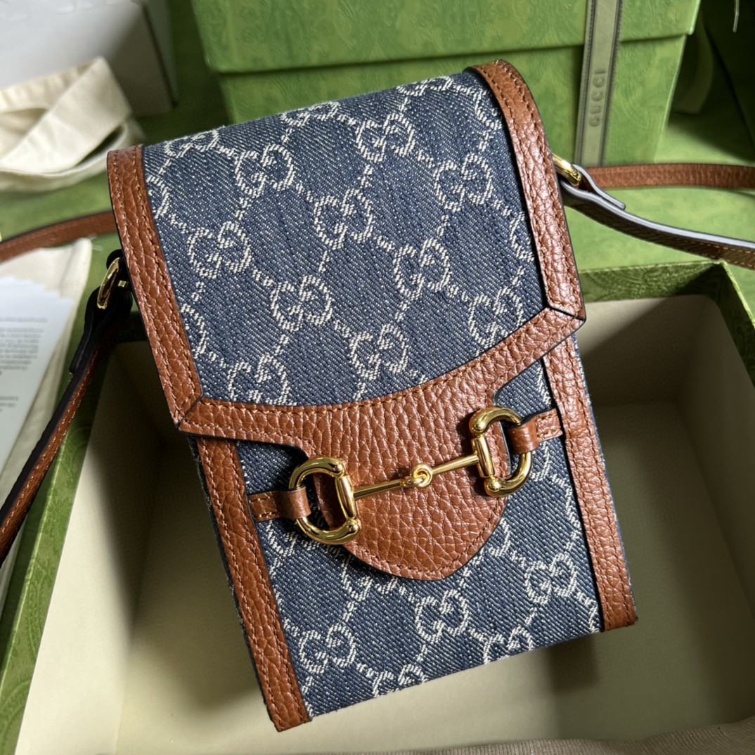 Gucci Horsebit 1955 Mini Bag Blue And Ivory Gucci Denim Jacquard For Women 6.7in/17cm 625615 2KQGucci 8375