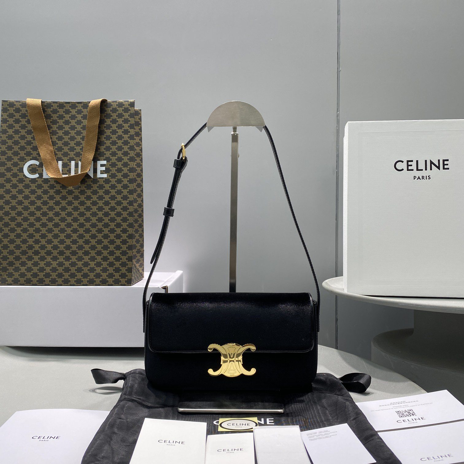 Celine Triomphe Shoulder Bag Black For Women 8in/20cm 
