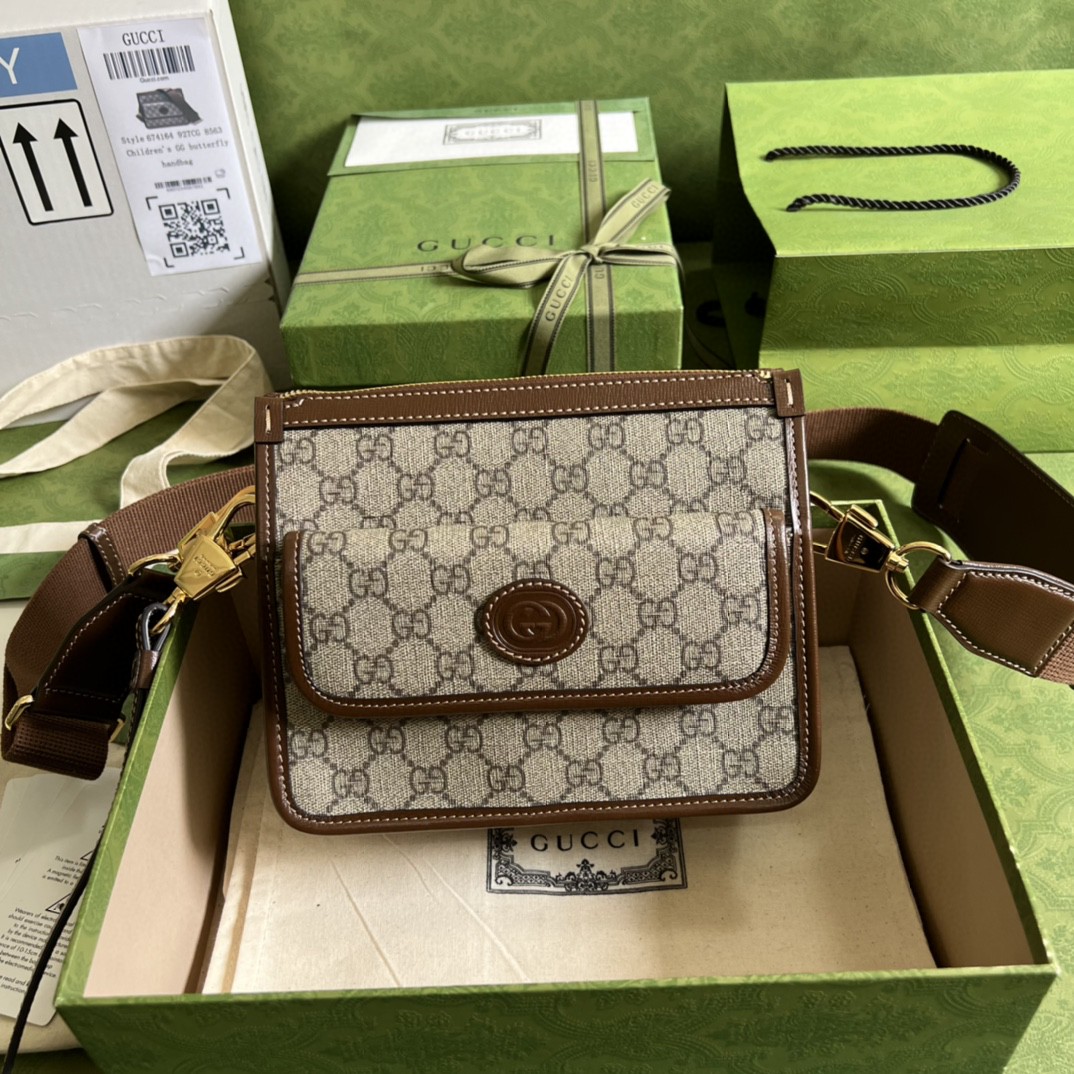 Gucci Messenger Bag With Interlocking G Beige And Ebony Gucci Supreme Canvas And Brown For Men 8in/21cm Gucci 674164 92THG