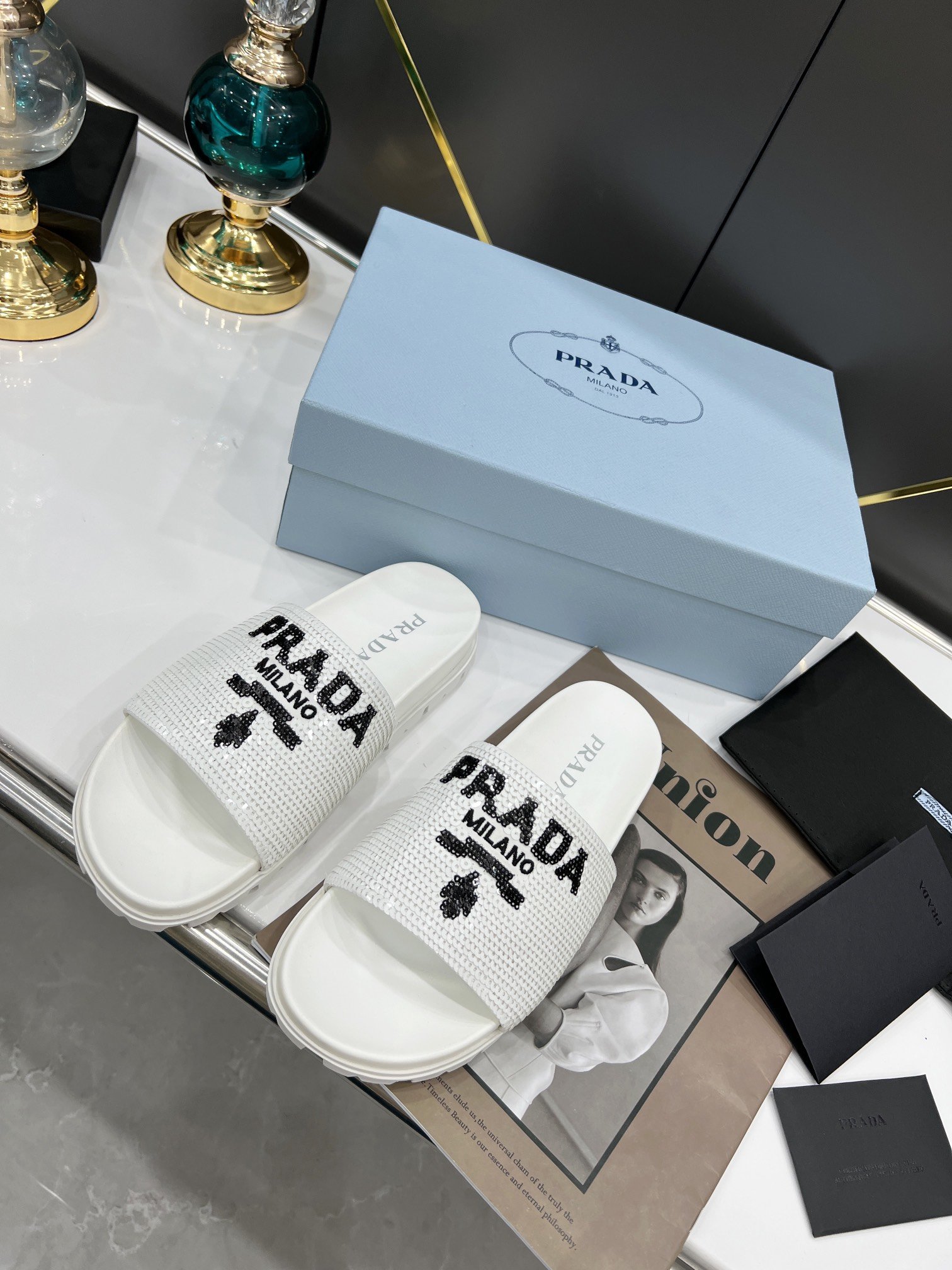 Prada Logo Detailed Sequin Slides White For Women 1.4in/35mm Prada