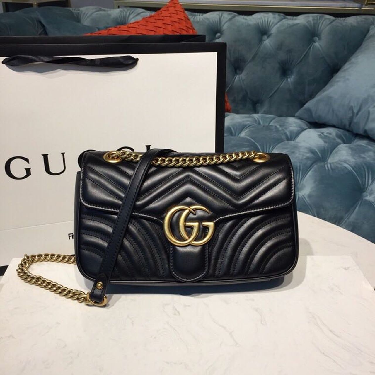 Gucci Marmont Small Matelassé Shoulder Bag Black Matelassé Chevron With A Heart For Women 10in/22cm Gucci 446744 DTDIT 1000
