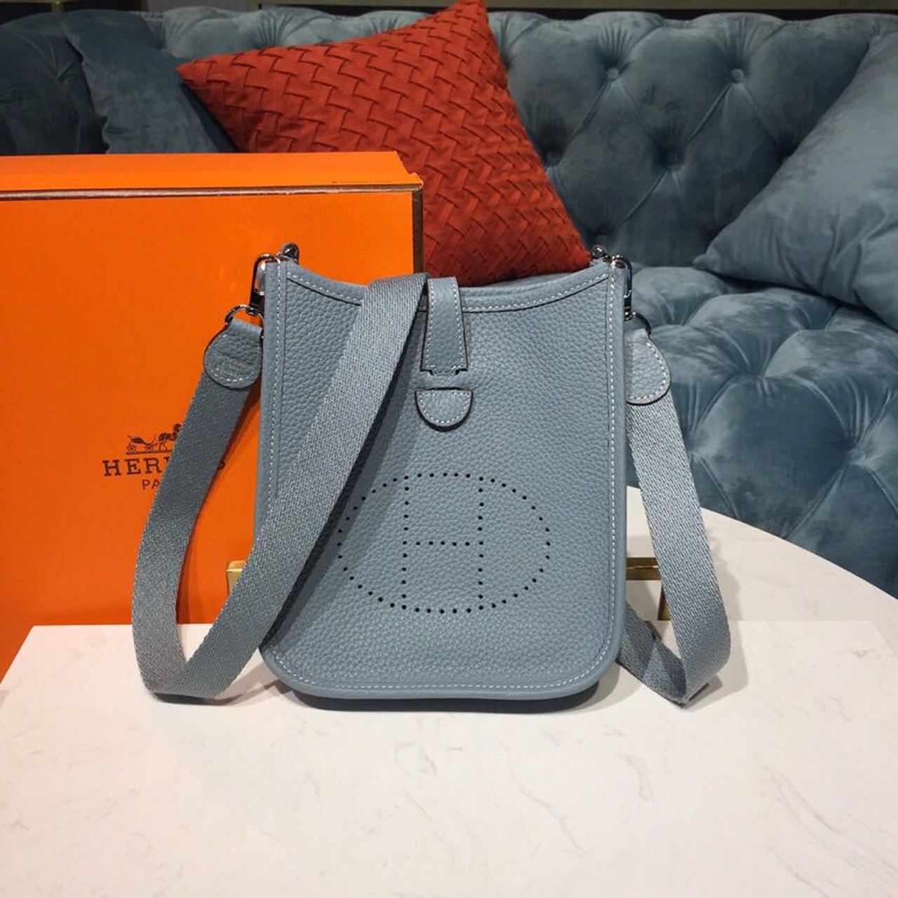 Hermes Evelyne II TPM Bag Light Blue For Women Silver Toned Hardware 7.9in/20cm