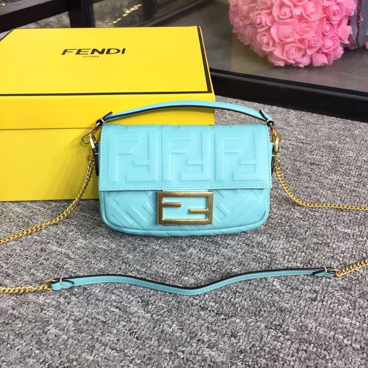 Fendi Baguette Nappa Light Blue For Women, Women’s Handbags, Shoulder And Crossbody Bags 7.4in/19cm FF 8BS017