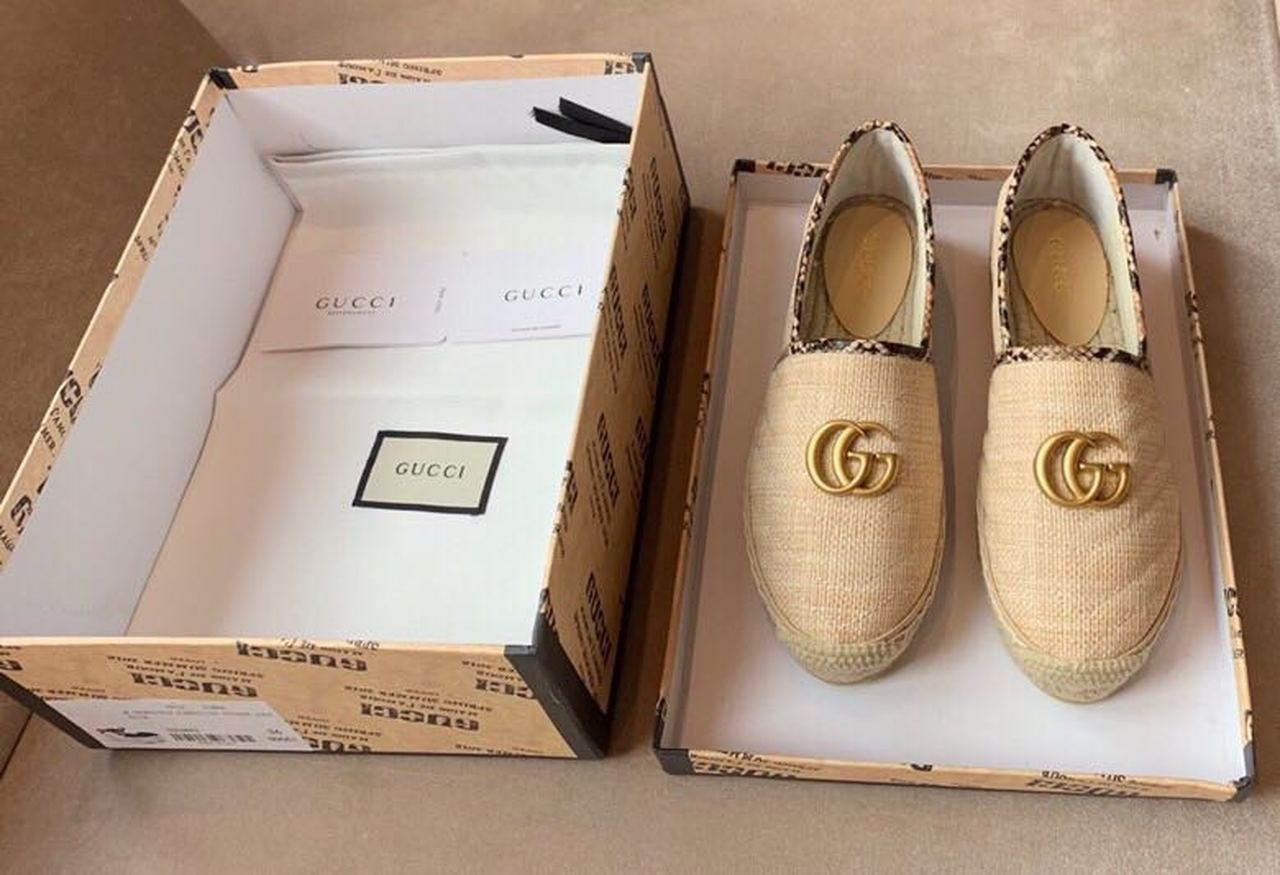 Gucci Chevron Snakeskin Trim Raffia Espadrille with Double G Spring/Summer Collection Cream/Brown