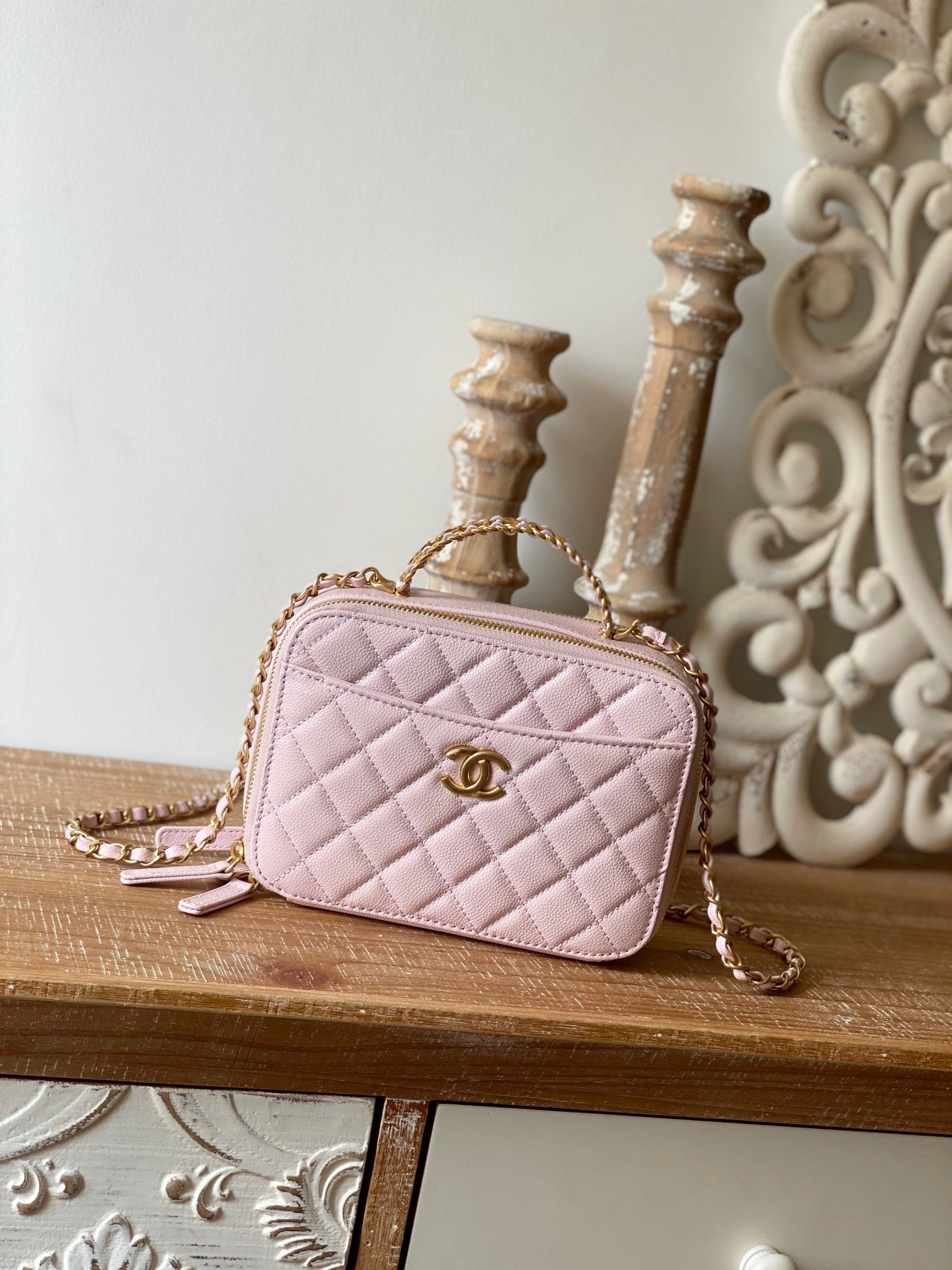 Chanel Small Vanity Case Gold Hardware Light Pink For Women, Women’s Handbags, Shoulder Bags 5.9in/15cm AS3228 