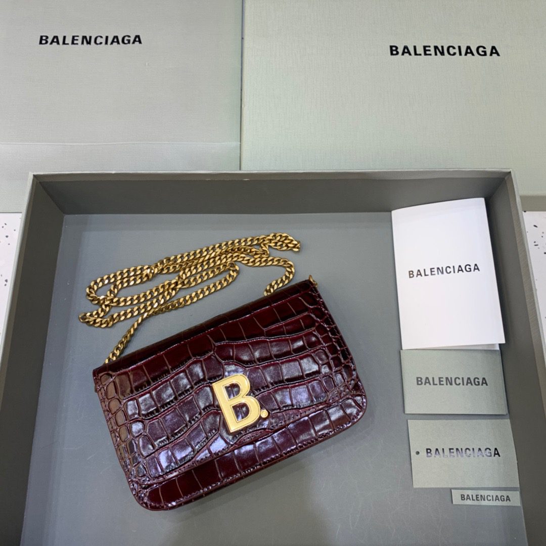 BALENCIAGA Croc Embossed Patent B Bag With Chain In Dark Red, For Women, Women’s Bags 7.9in/20cm