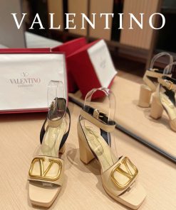 Valentino Garavani Strap Heeled Sandals With V Logo Signature Embellishment Light Yellow For Women