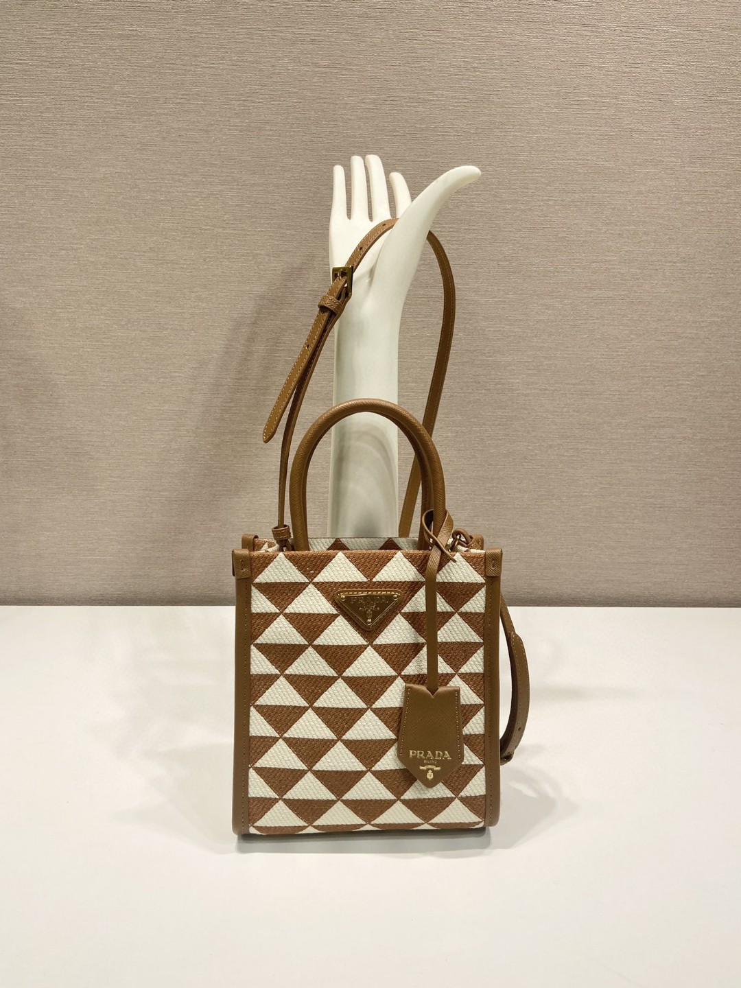 Prada Symbole Jacquard Fabric Micro Bag Brown/White For Women, Women’s Bags 7.5in/19cm 1BA355_2FKL_F0I0U_V_OOO