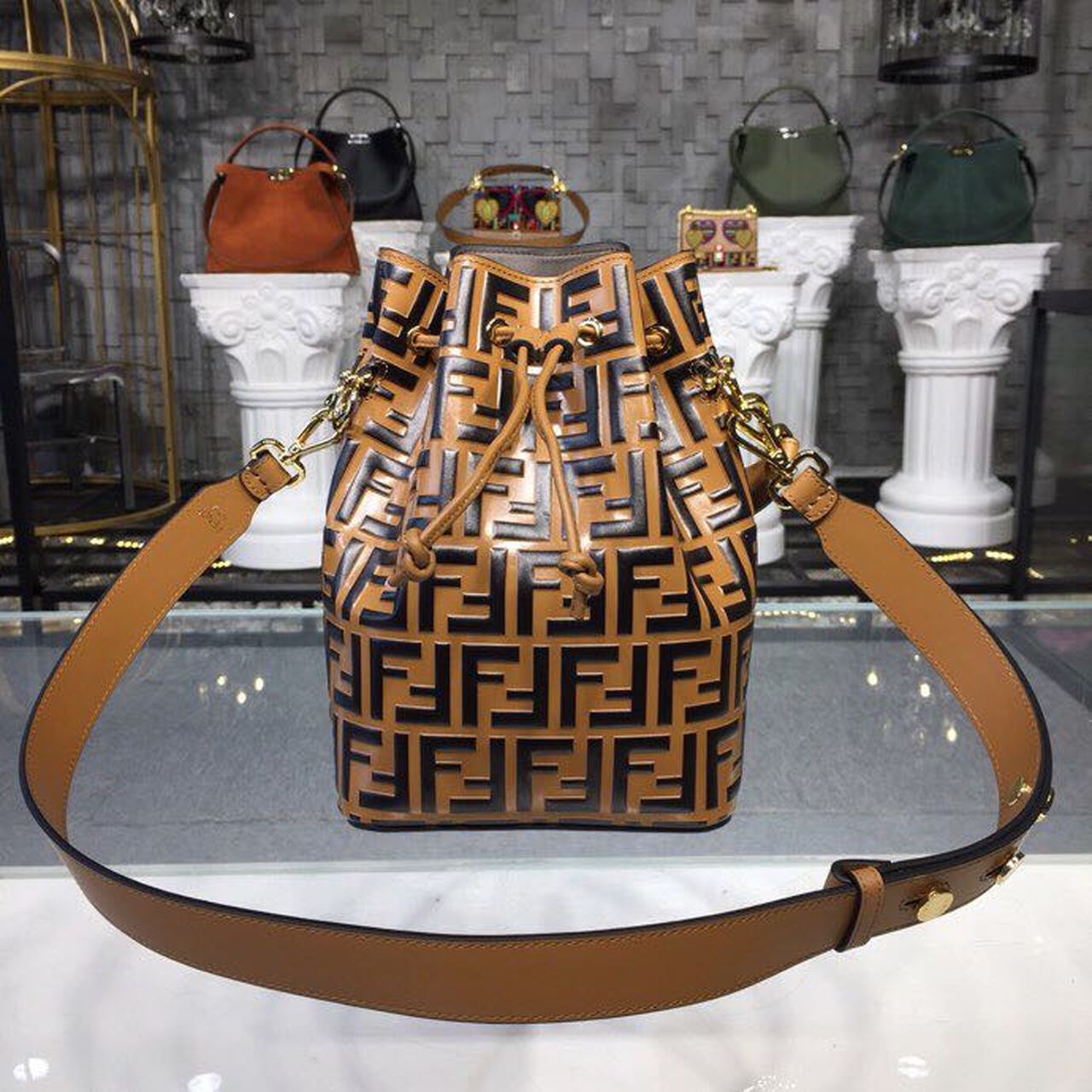 Fendi Mon Tresor Bucket Bag Brown For Women, Women’s Bags, Shoulder And Crossbody Bags 9in/23cm FF 8BT298