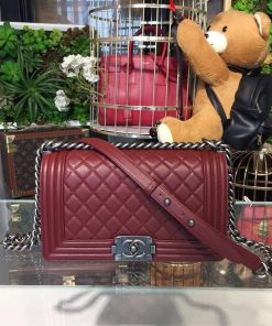 Chanel Boy Handbag Silver Hardware Burgundy For Women, Women’s Bags, Shoulder And Crossbody Bags 9.8in/25cm A67086