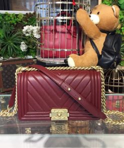 Chanel Boy Handbag Gold Toned Hardware Burgundy For Women, Women’s Bags, Shoulder And Crossbody Bags 9.8in/25cm A67086