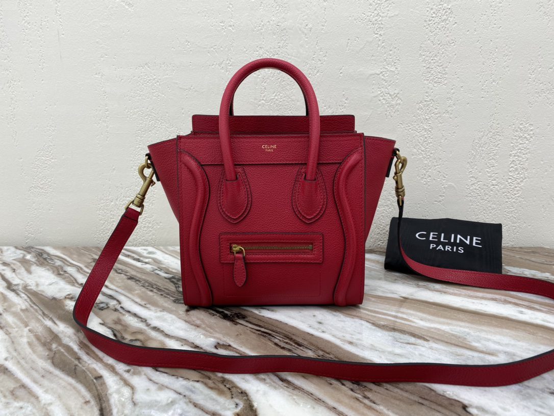 Celine Nano Luggage Bag In Drummed Red For Women 8in/20cm 