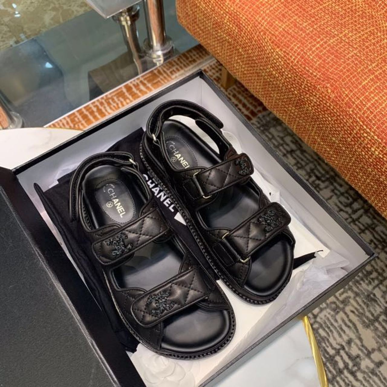 Chanel Chanel Logo Velcro Sandals Black For Women, Women’s Shoes 0.4in/1cm G35927 94305