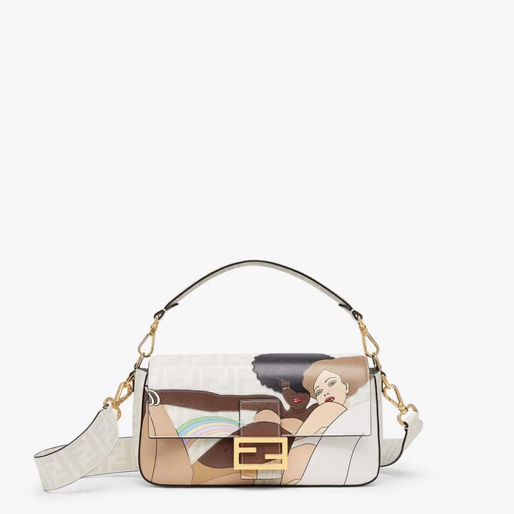 Fendi Baguette FF white glazed fabric bag with inlay - LuxurBags