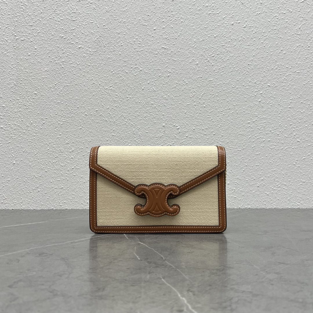 Celine Wallet On Chain Triomphe In Textile Natural / Tan For Women 7in/19cm 10J972DB2.02NT