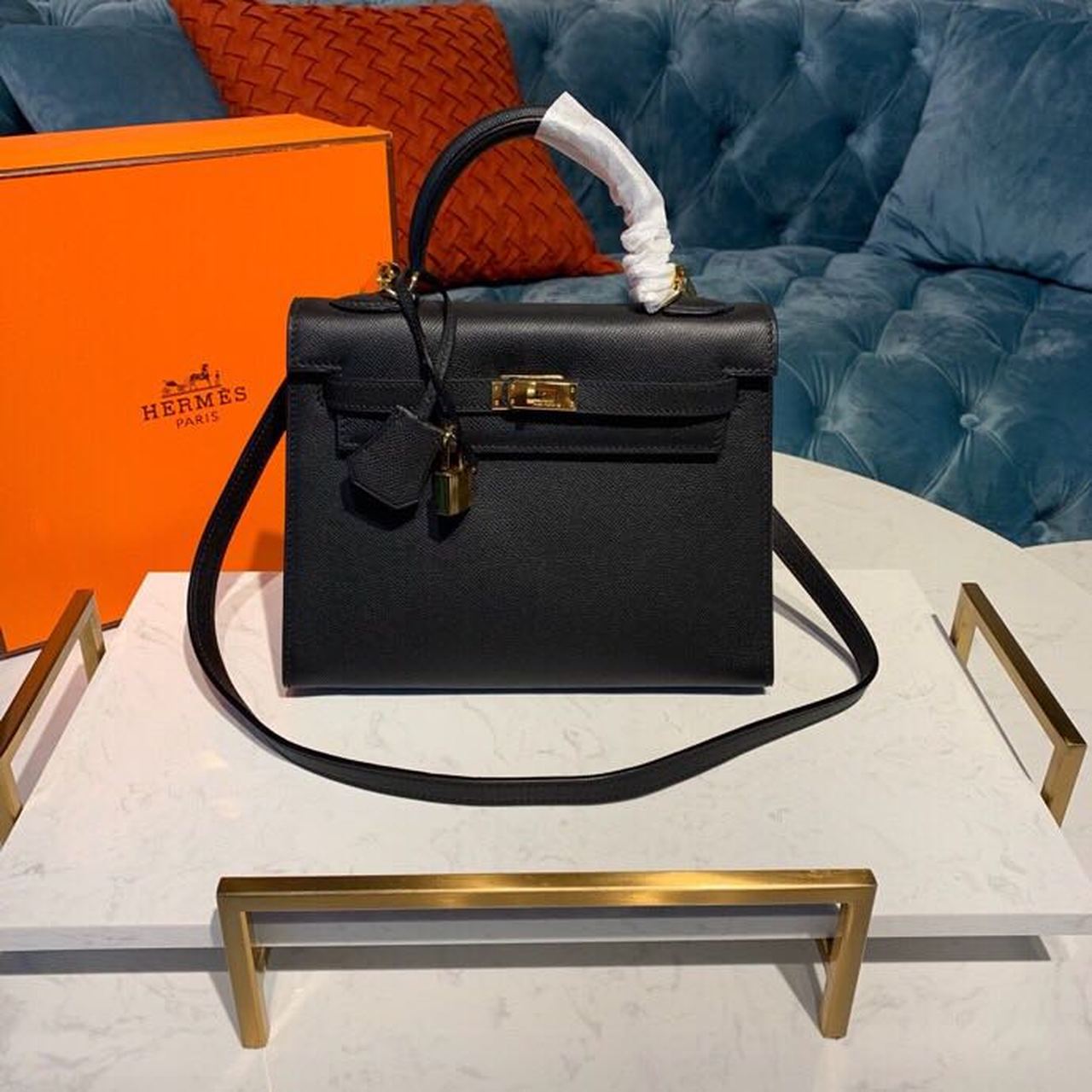 Hermes Kelly Black For Women Gold Toned Hardware 10in/25cm