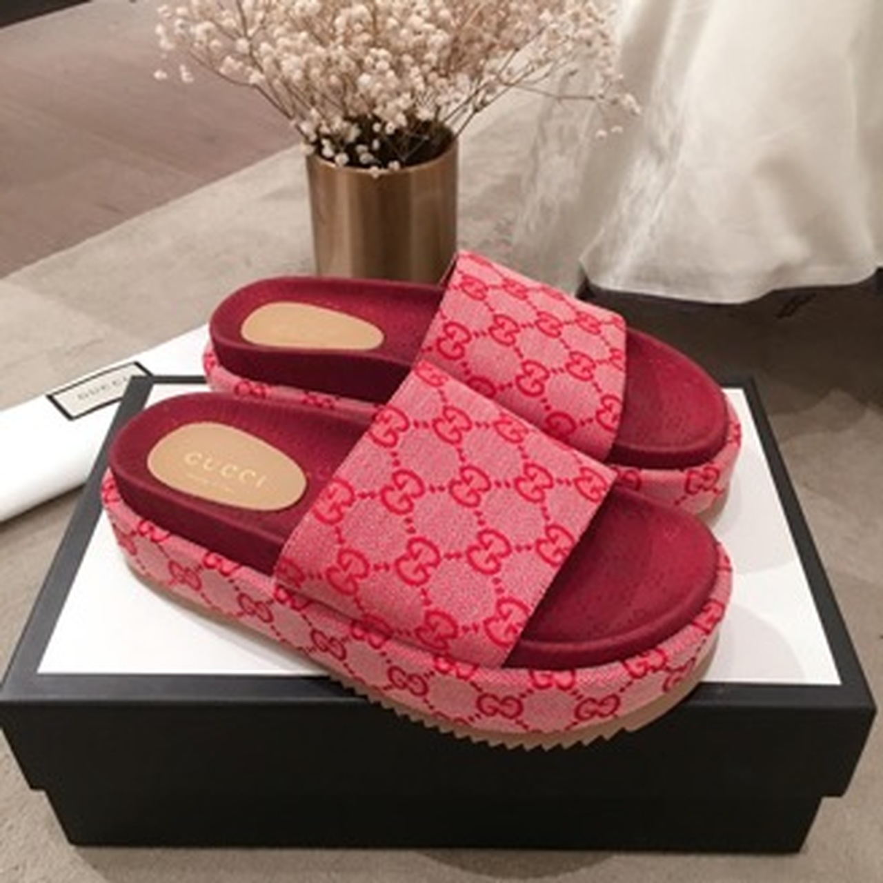 Gucci Women’s Platform Slide Sandal By Denim Jacquard Red For Women GG