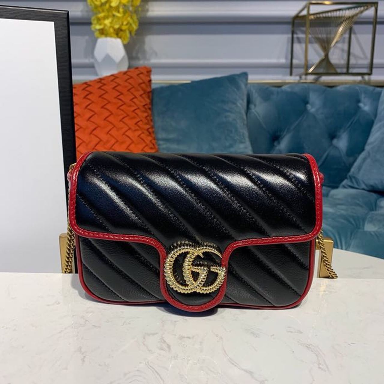 Gucci Marmont Diagonal Matelass Shoulder Bag Black Red For Women 10in/26cm Gucci 443497